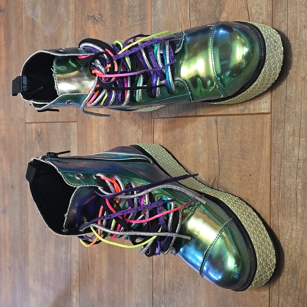 Dolls Kill T.U.K Holographic Platform Boots with Multicolor Laces